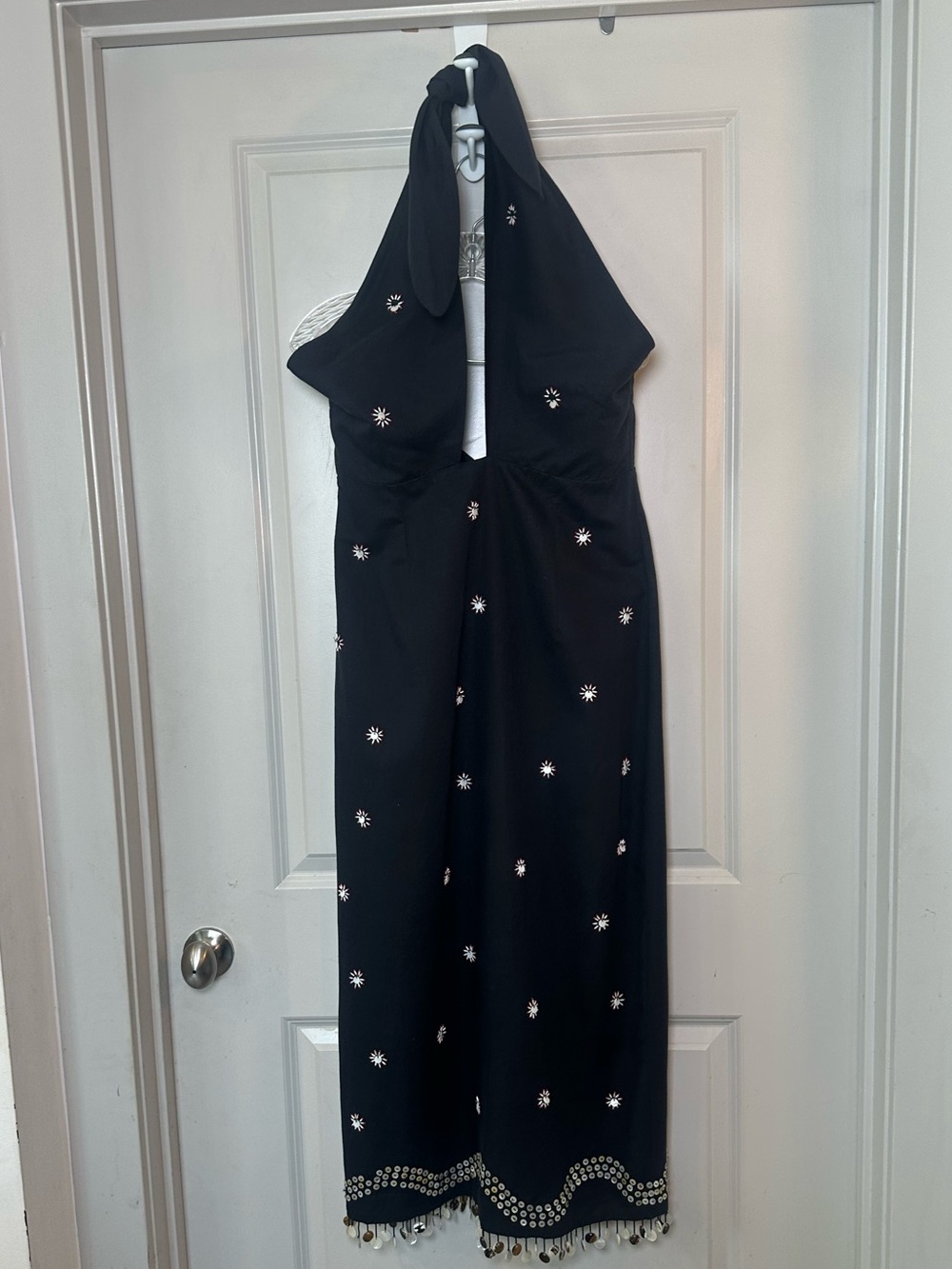 NEW RHODE Paolo Marseille Appliqués Halter Linen Maxi Tassel Hem Black Dress,  8
